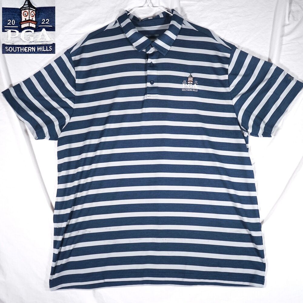 Under Armour Golf Polo Shirt Striped Navy Blue Gray PGA Southern Hills 2022 2XL